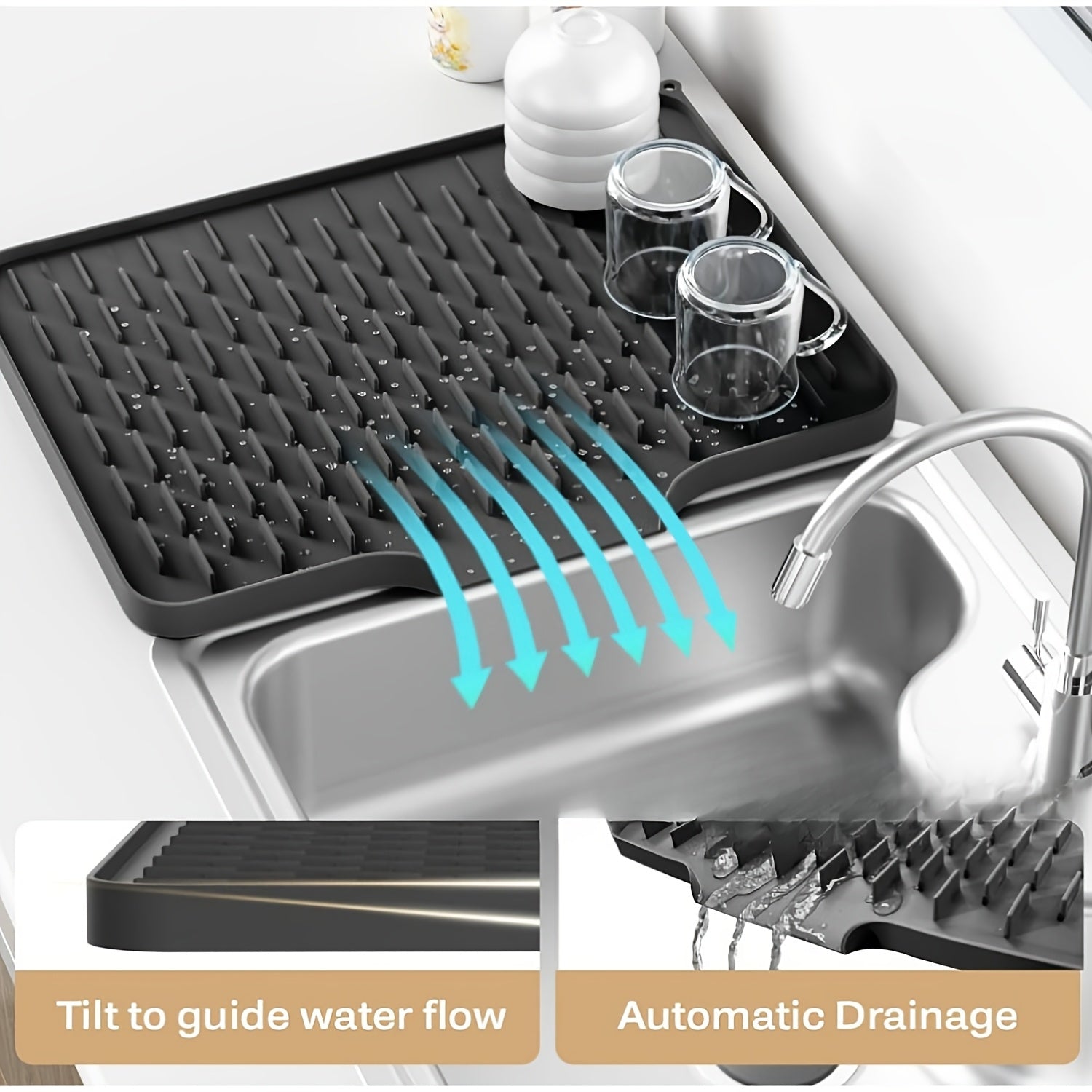 Kitchen Anti-Slip Silicone Drain Mat, Drying Mat, 15.75inch X 12.6inch Built-In Drainage Design Heat Resistant And Easy to Clean, Suitable for Countertop, Sink, Refrigerator, 2pcs Optional, Keeping Kitchen Dry, Kitchen Organization, Christmas, Halloween G