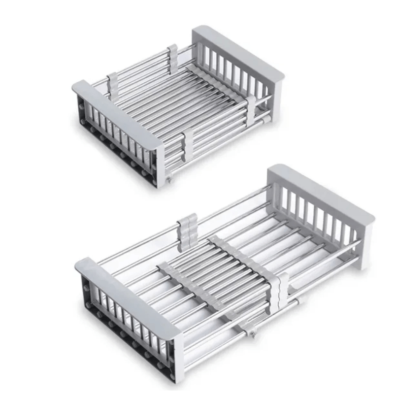 Adjustable Over-The-Sink Dish Drying Rack with Stainless Steel Drain Basket - Portable & Telescopic Space-Saving Solution for fruit vegetable