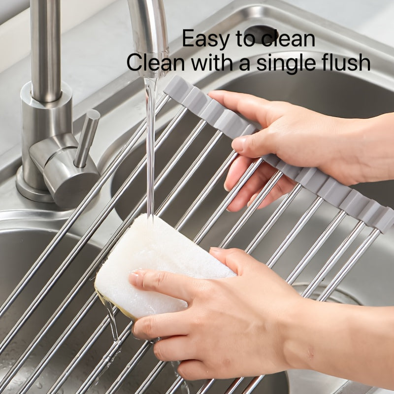 Stainless Steel Foldable Kitchen Sink Dish Drainer - Multiple Sizes Available - Space-Saving Dish Rack - Dish Drainer with Roll-Up Curtain, Stainless Steel Dish Drying Rack