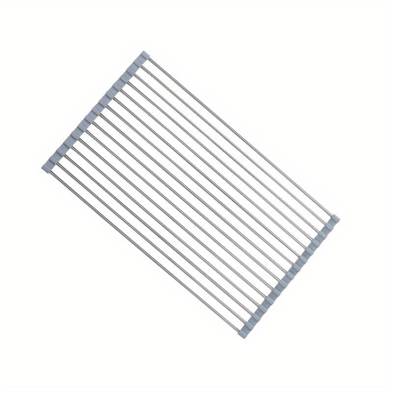 1pc, Deluxe Roll-Up Stainless Steel Dish Drying Rack & Fruit Drain Rack - Space-Saving, Multifunctional, Over-The-Sink Design, Portable, Rollable, Anti-Rust, Easy to Clean, Kitchen Sink Organizer, Tool, And Mat - Perfect for Small Kitchens