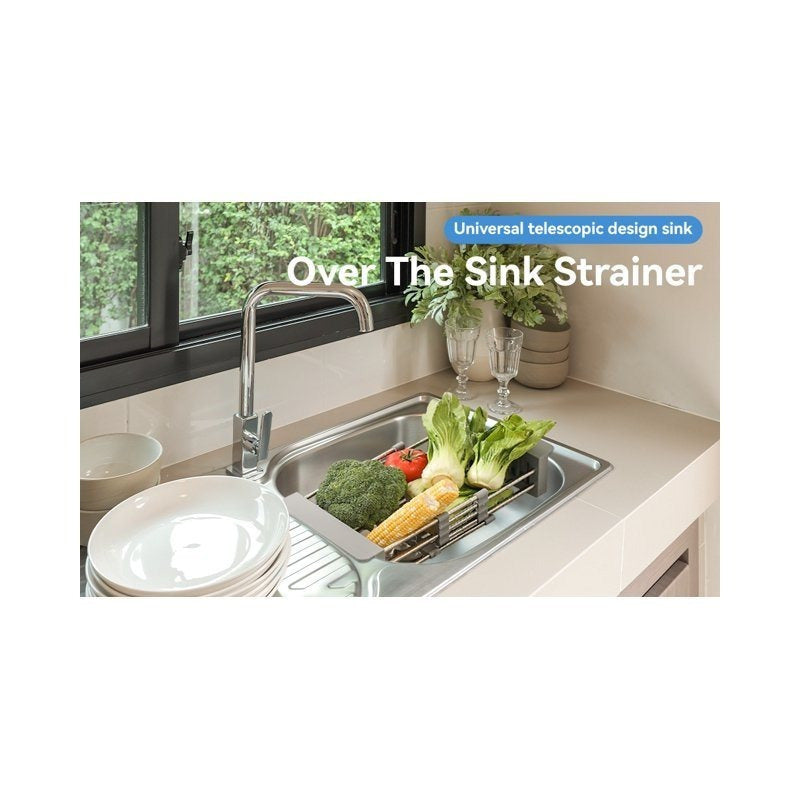 Adjustable Over-The-Sink Dish Drying Rack with Stainless Steel Drain Basket - Portable & Telescopic Space-Saving Solution for fruit vegetable