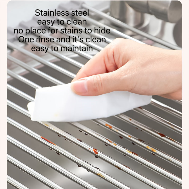 Stainless Steel Foldable Kitchen Sink Dish Drainer - Multiple Sizes Available - Space-Saving Dish Rack - Dish Drainer with Roll-Up Curtain, Stainless Steel Dish Drying Rack
