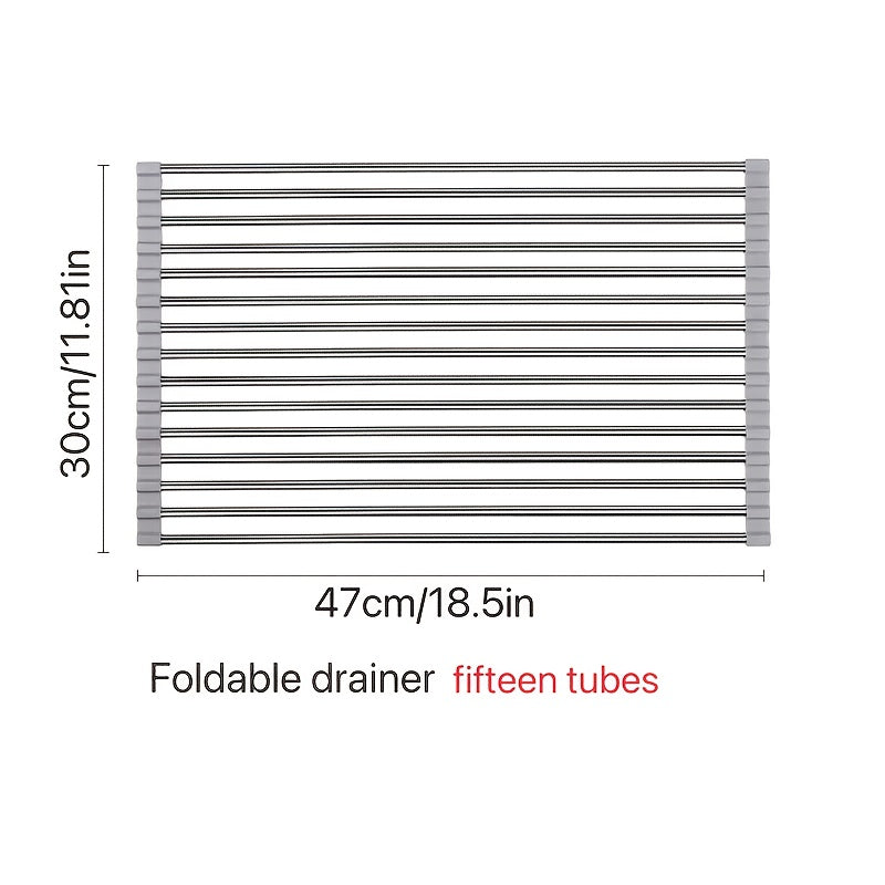 Stainless Steel Foldable Kitchen Sink Dish Drainer - Multiple Sizes Available - Space-Saving Dish Rack - Dish Drainer with Roll-Up Curtain, Stainless Steel Dish Drying Rack