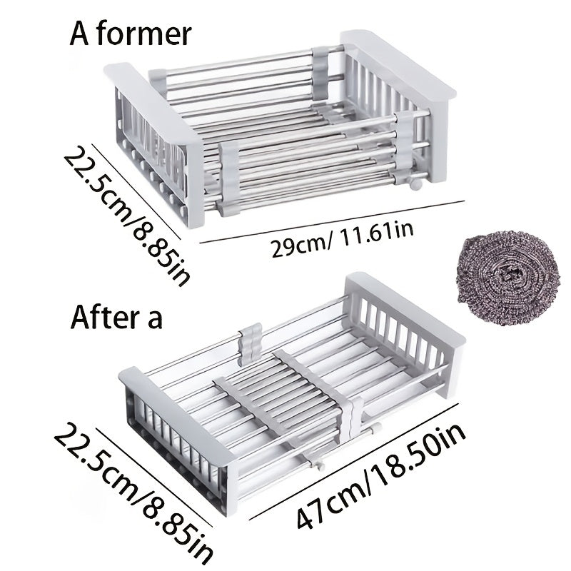Adjustable Over-The-Sink Dish Drying Rack with Stainless Steel Drain Basket - Portable & Telescopic Space-Saving Solution for Fruit Vegetable Random Steel Brush