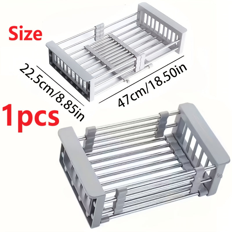 Adjustable Over-The-Sink Dish Drying Rack with Stainless Steel Drain Basket - Portable & Telescopic Space-Saving Solution for Fruit Vegetable Random Steel Brush