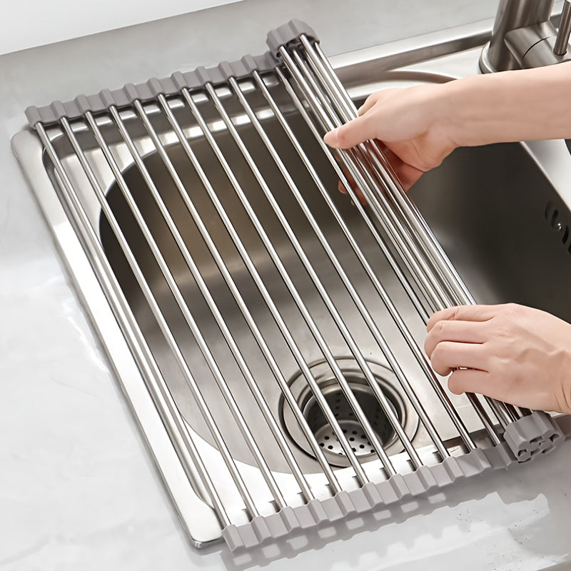 Stainless Steel Foldable Kitchen Sink Dish Drainer - Multiple Sizes Available - Space-Saving Dish Rack - Dish Drainer with Roll-Up Curtain, Stainless Steel Dish Drying Rack