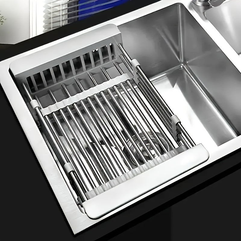 Adjustable Over-The-Sink Dish Drying Rack with Stainless Steel Drain Basket - Portable & Telescopic Space-Saving Solution for Fruit Vegetable Random Steel Brush