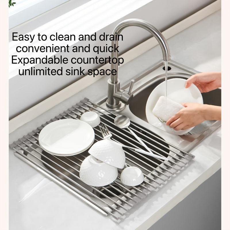 Stainless Steel Foldable Kitchen Sink Dish Drainer - Multiple Sizes Available - Space-Saving Dish Rack - Dish Drainer with Roll-Up Curtain, Stainless Steel Dish Drying Rack