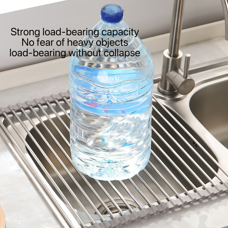 Stainless Steel Foldable Kitchen Sink Dish Drainer - Multiple Sizes Available - Space-Saving Dish Rack - Dish Drainer with Roll-Up Curtain, Stainless Steel Dish Drying Rack