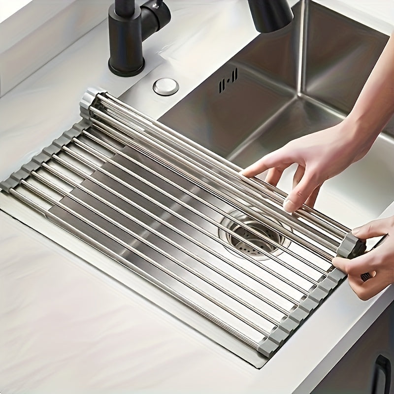 1pc, Deluxe Roll-Up Stainless Steel Dish Drying Rack & Fruit Drain Rack - Space-Saving, Multifunctional, Over-The-Sink Design, Portable, Rollable, Anti-Rust, Easy to Clean, Kitchen Sink Organizer, Tool, And Mat - Perfect for Small Kitchens