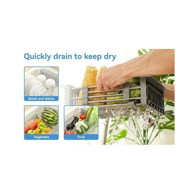 Adjustable Over-The-Sink Dish Drying Rack with Stainless Steel Drain Basket - Portable & Telescopic Space-Saving Solution for fruit vegetable