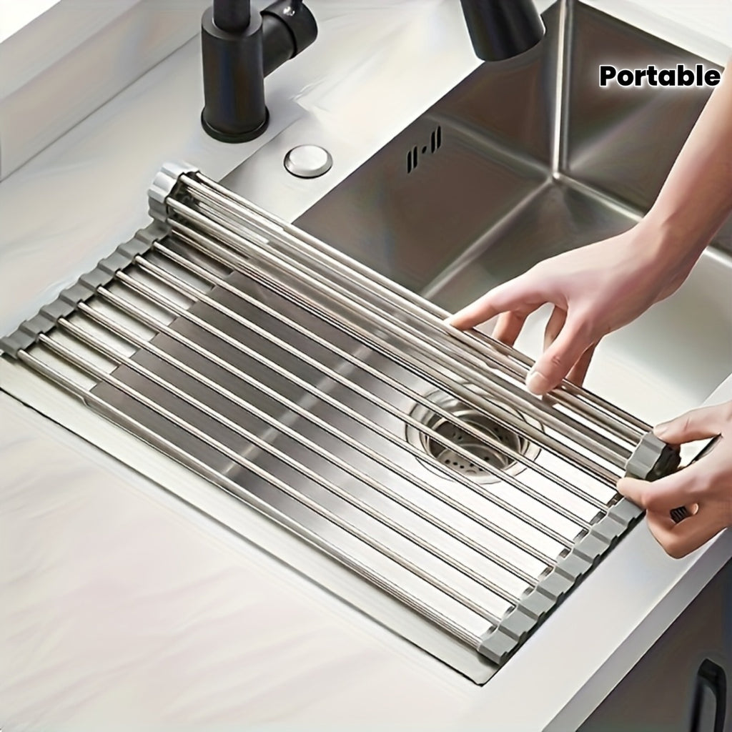 1pc, Deluxe Roll-Up Stainless Steel Dish Drying Rack & Fruit Drain Rack - Space-Saving, Multifunctional, Over-The-Sink Design, Portable, Rollable, Anti-Rust, Easy to Clean, Kitchen Sink Organizer, Tool, And Mat - Perfect for Small Kitchens