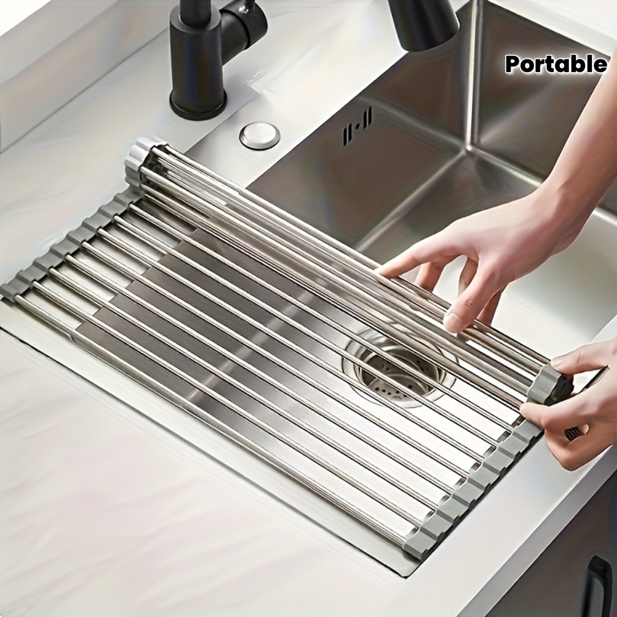 1pc, Deluxe Roll-Up Stainless Steel Dish Drying Rack & Fruit Drain Rack - Space-Saving, Multifunctional, Over-The-Sink Design, Portable, Rollable, Anti-Rust, Easy to Clean, Kitchen Sink Organizer, Tool, And Mat - Perfect for Small Kitchens